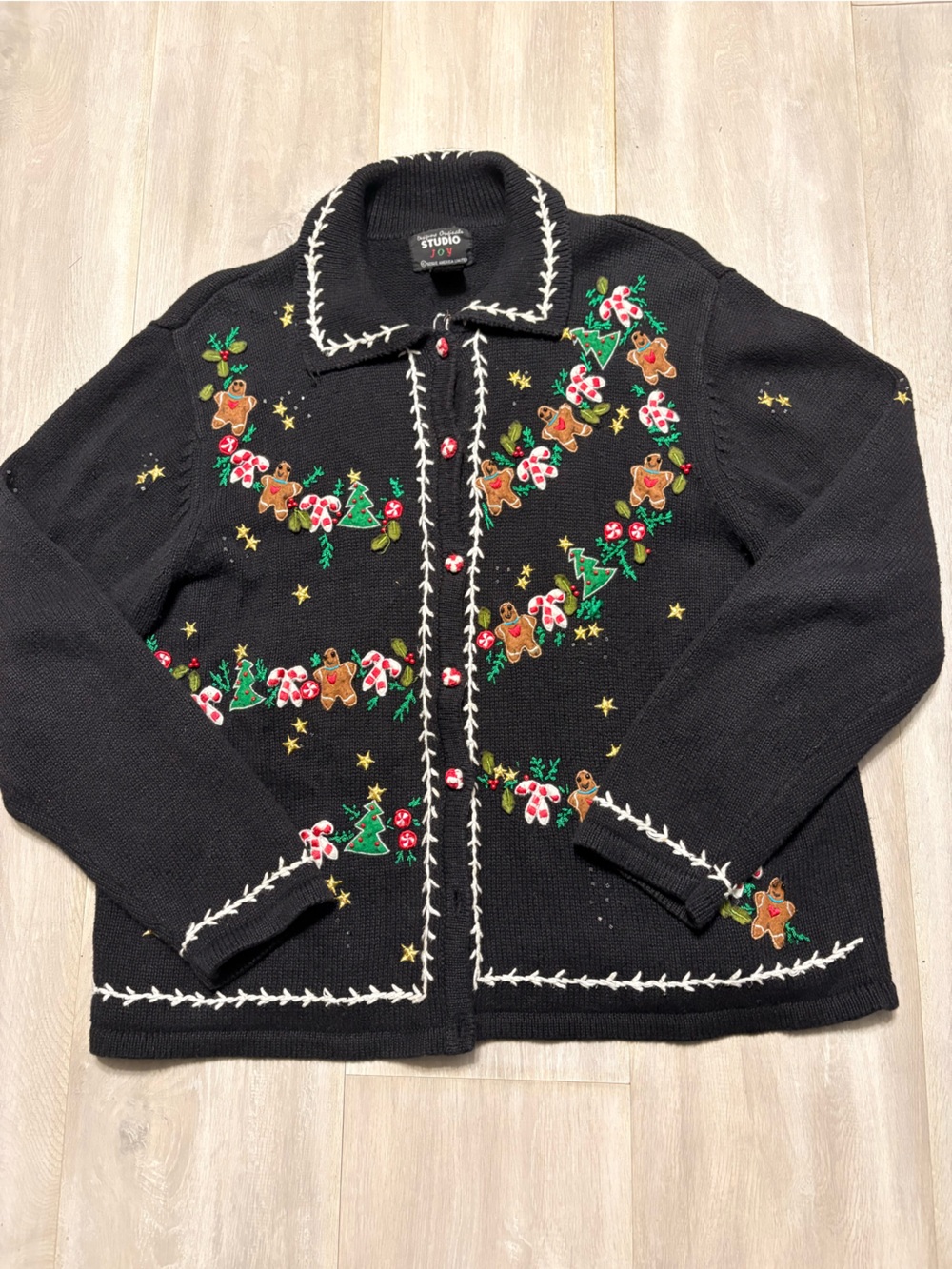 Studio Black Embroidered Holiday Cardigan